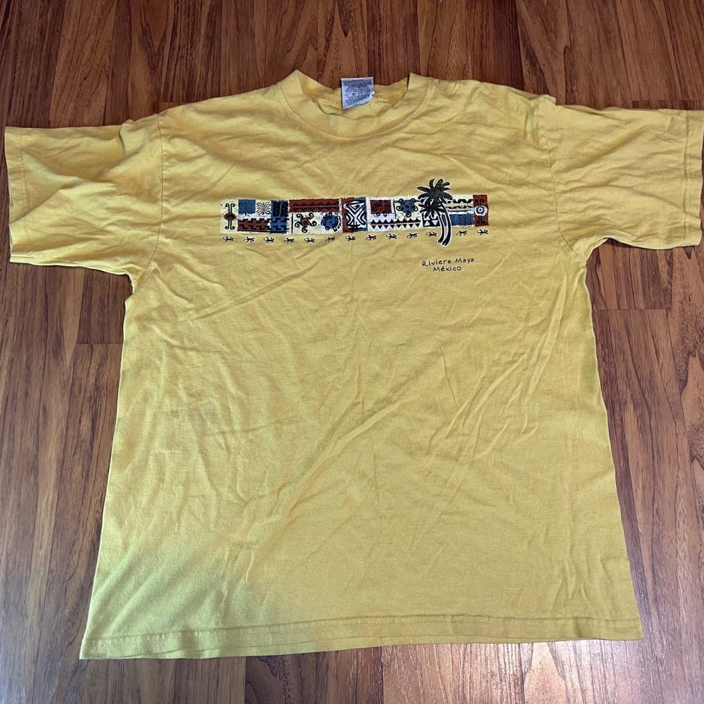 Yacht Club Riviera Maya Mexico T-Shirt Mens Large Vintage Yellow Cotton Tribal